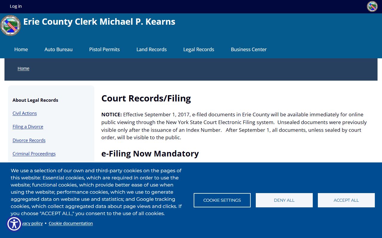 Erie County Clerk court records after jail arrest filing information
