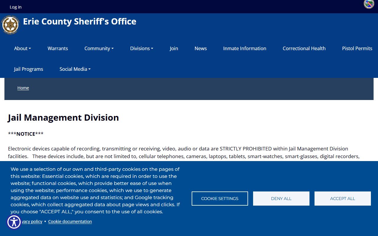 Erie County inmate population Jail Management Division visitation and contact page