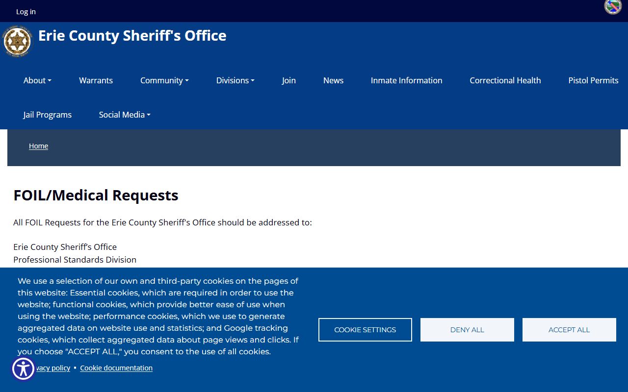 Erie County jail mugshots FOIL booking photo request page